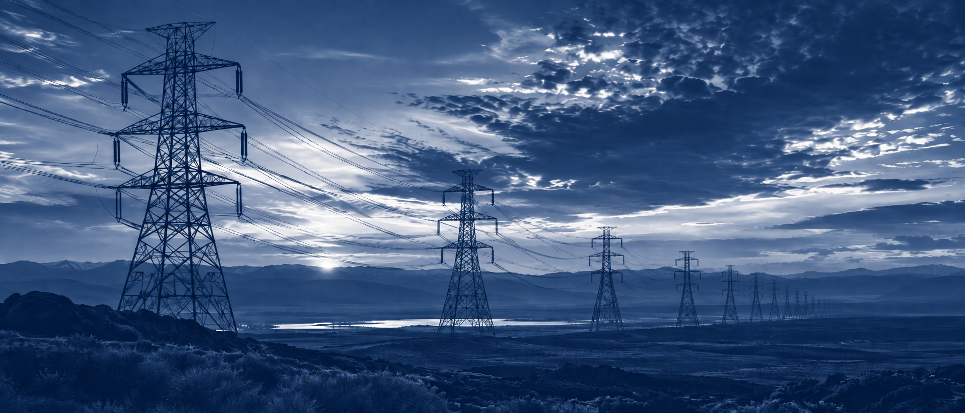 High-voltage transmission towers carrying lines across open country at dusk