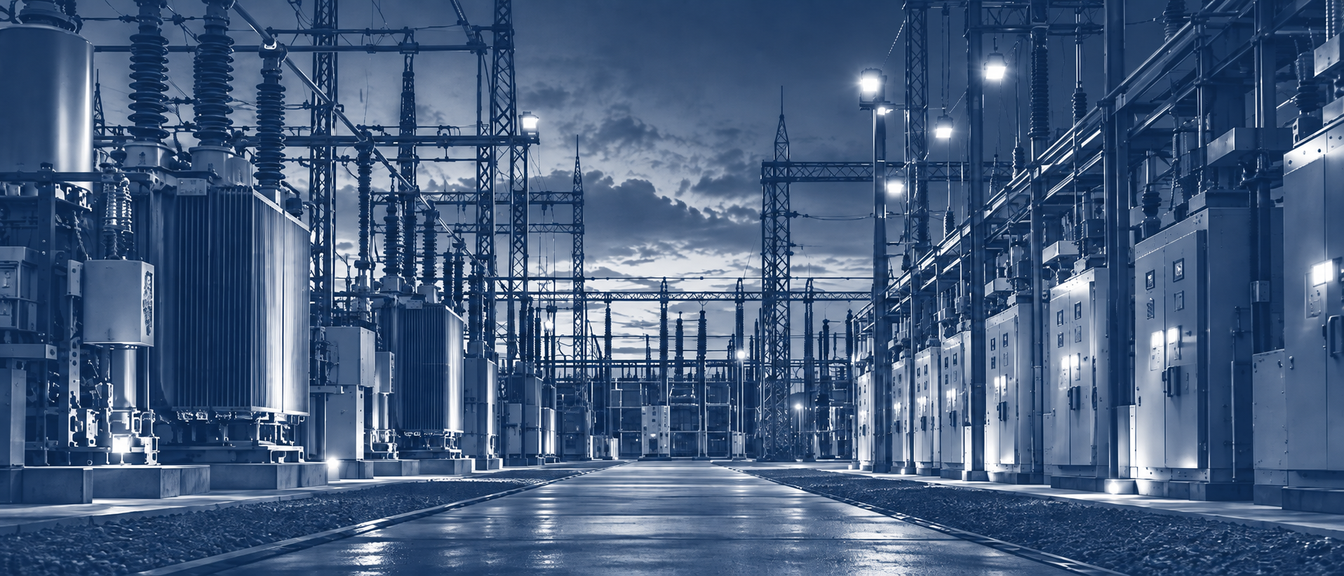 An electrical substation with transformer banks and switchgear at twilight