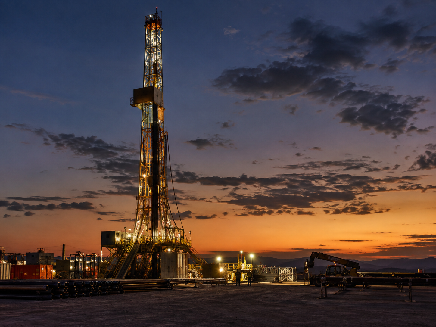 A drilling rig lit against a desert sunset with pipe racked in the foreground