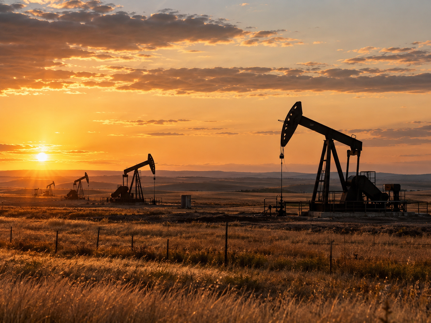 Pumpjacks on open prairie at sunrise