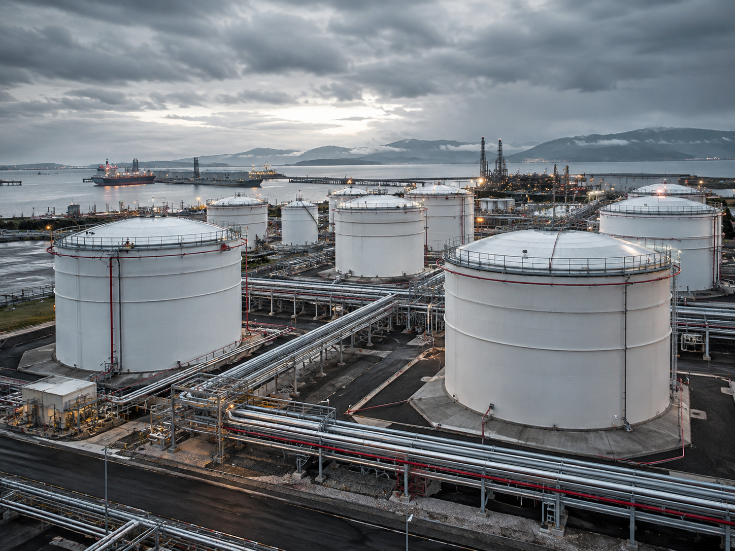 Storage tanks and pipe racks at a coastal energy terminal under heavy cloud