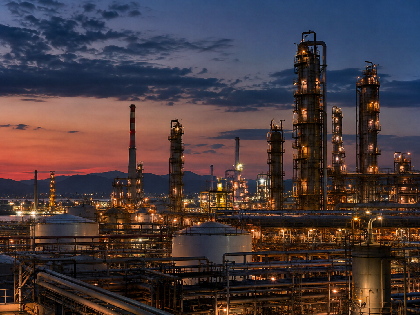 A refinery lit at dusk with distillation towers and flare stacks