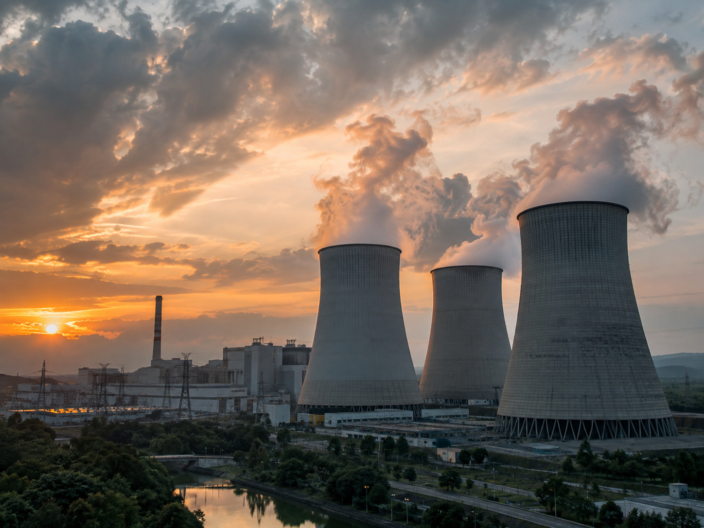 Cooling towers of a thermal power station venting steam at sunset