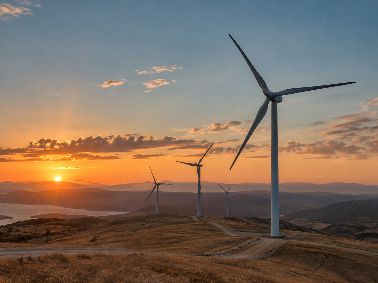 Wind turbines along a ridgeline at sunset