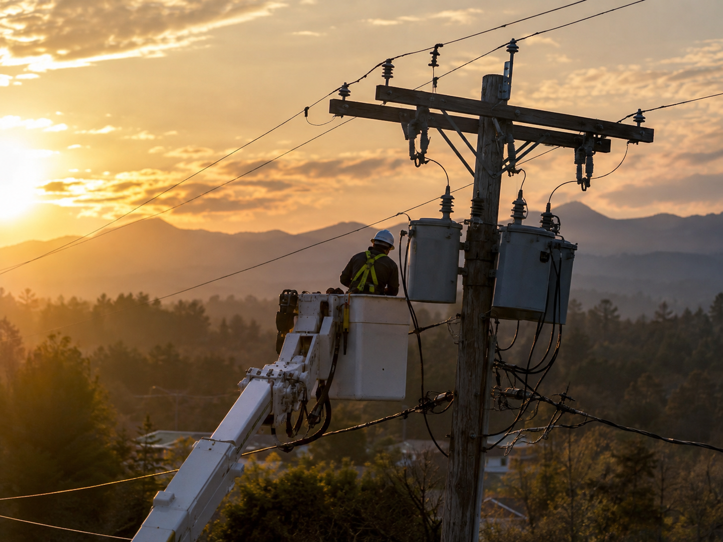 A lineworker in a bucket lift servicing pole-mounted distribution transformers at sunset