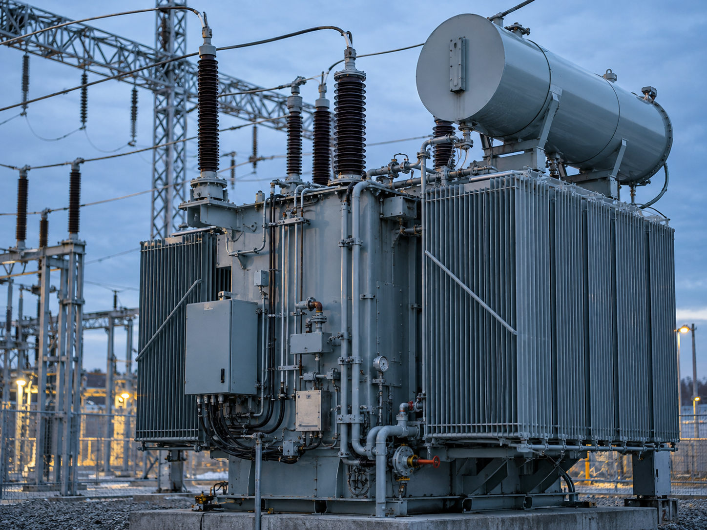 A large power transformer with radiators and bushings in a substation yard