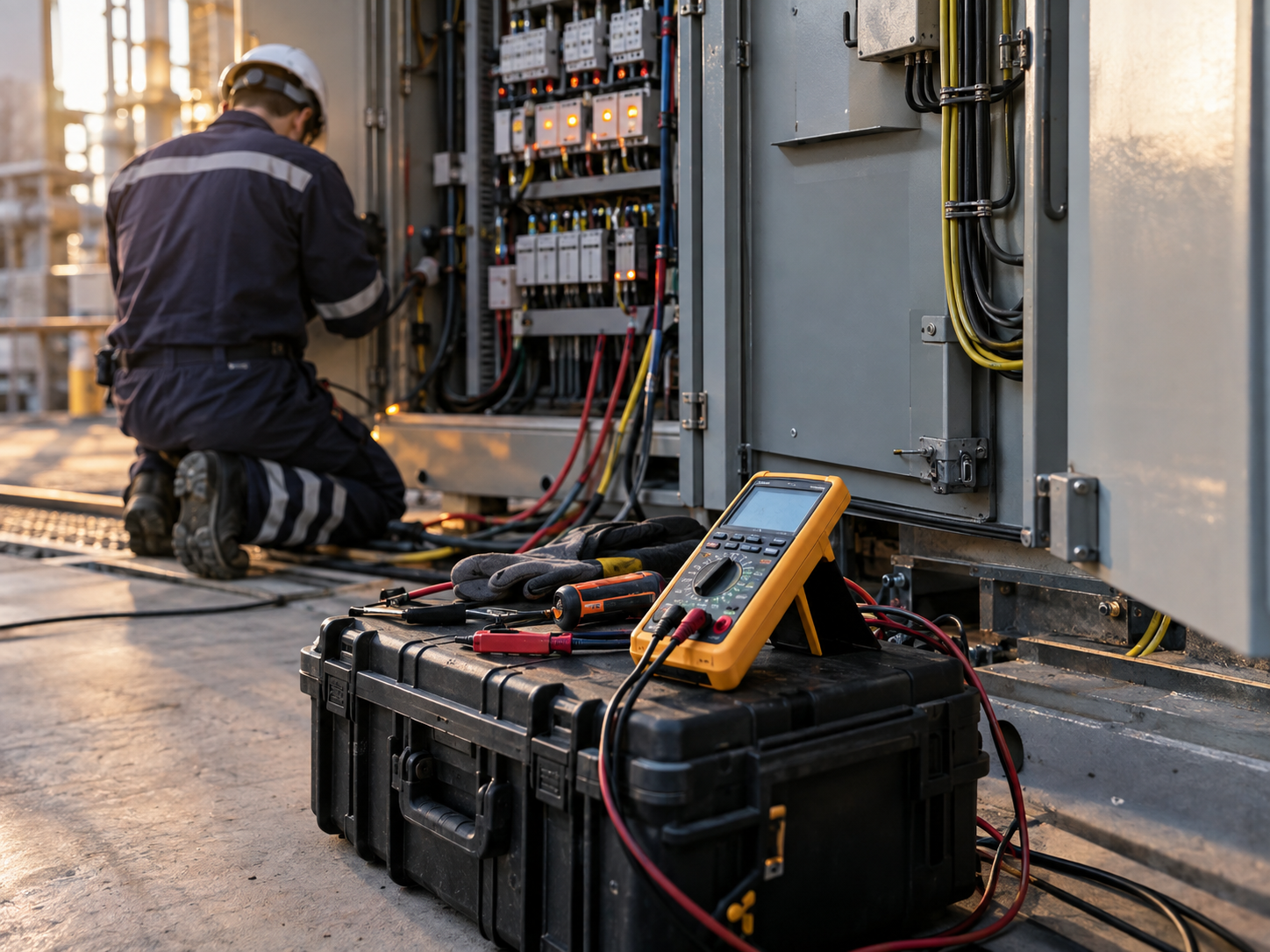 A technician testing a control cabinet with a multimeter and tool case on site