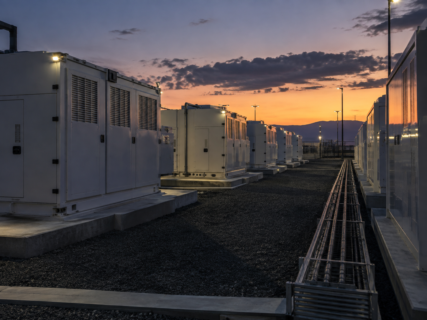 Rows of battery energy storage enclosures at dusk