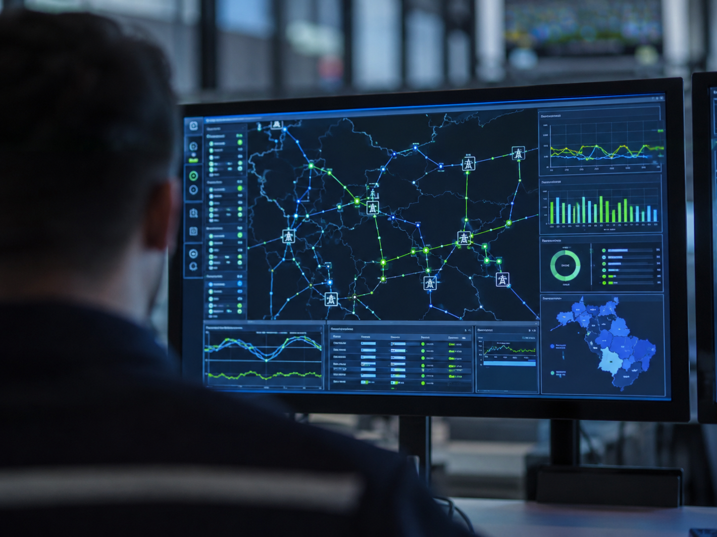 A grid operator watching network monitoring dashboards in a control room