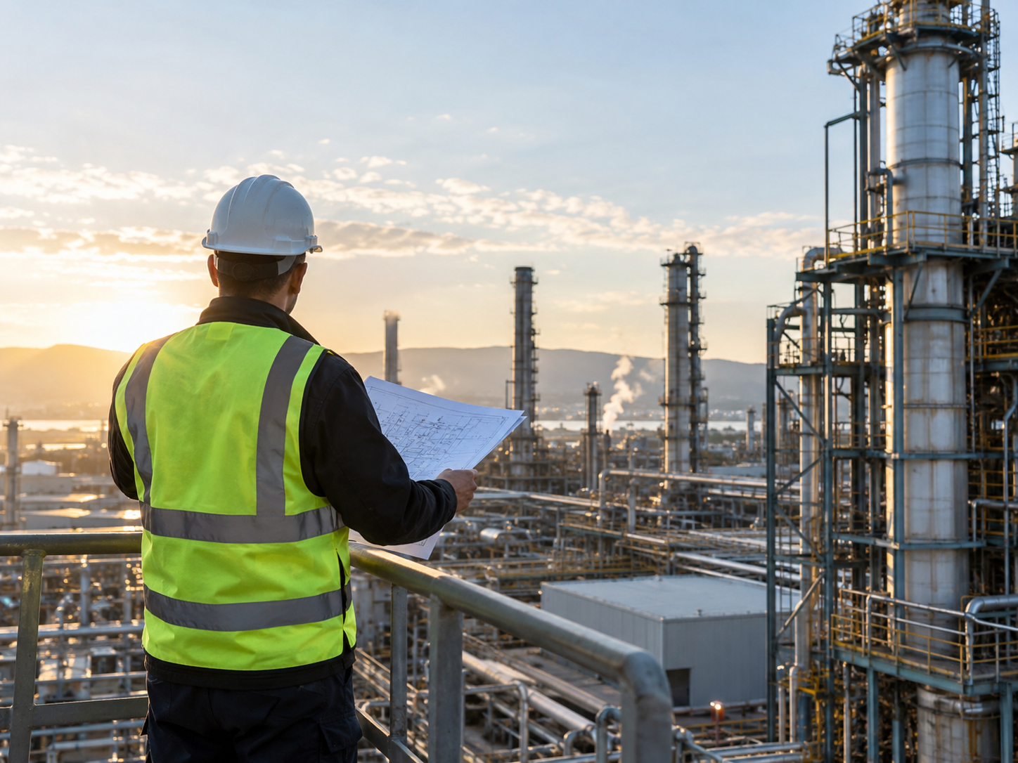 An engineer reviewing drawings on a platform above a processing plant