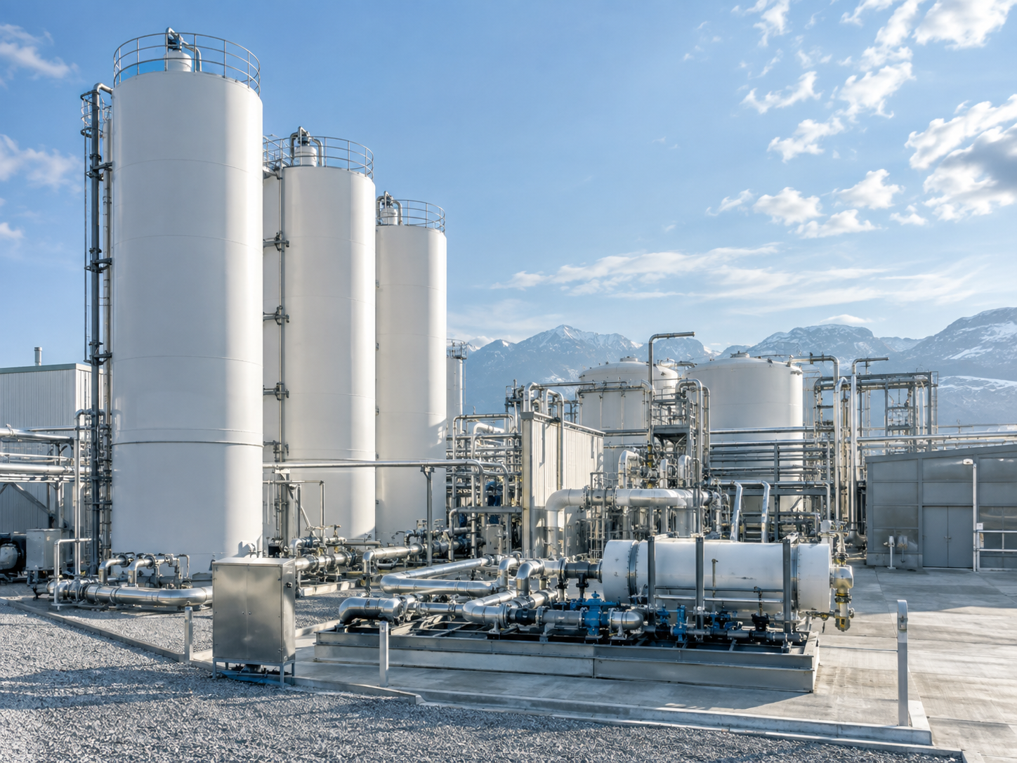 A clean processing facility with tanks and piping below snow-capped mountains