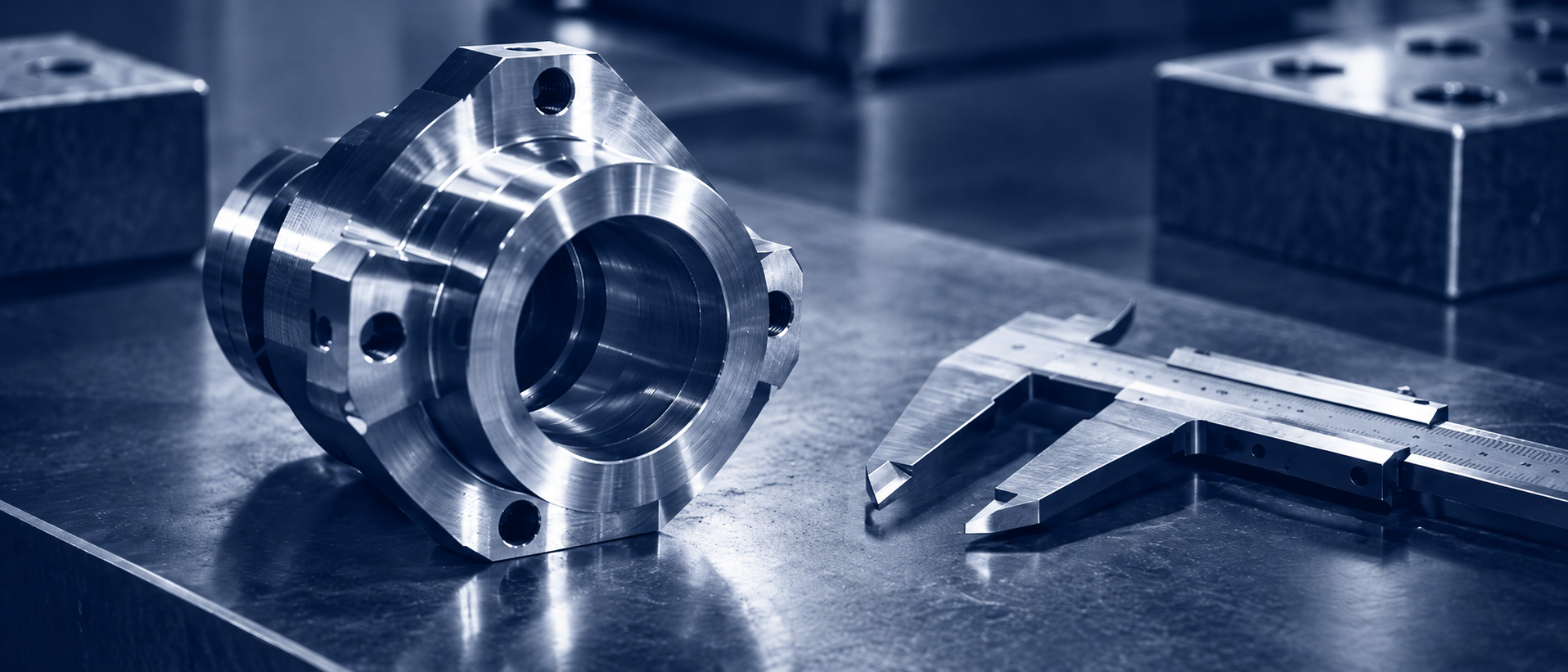 A precision-machined steel component beside a set of calipers, rendered in navy duotone