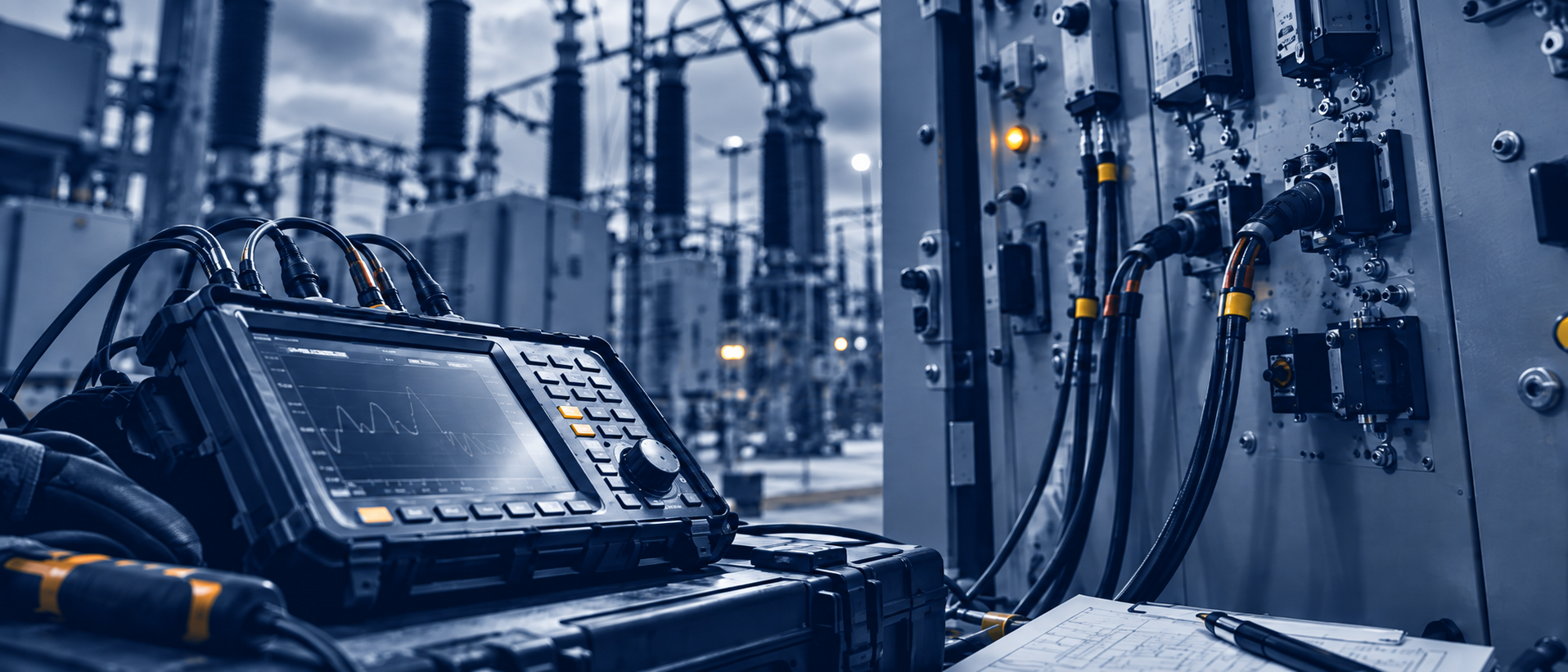 Electrical testing equipment connected to substation switchgear, rendered in navy duotone