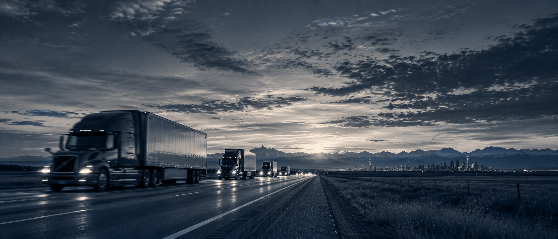 A convoy of transport trucks on a highway at night approaching a mountain city