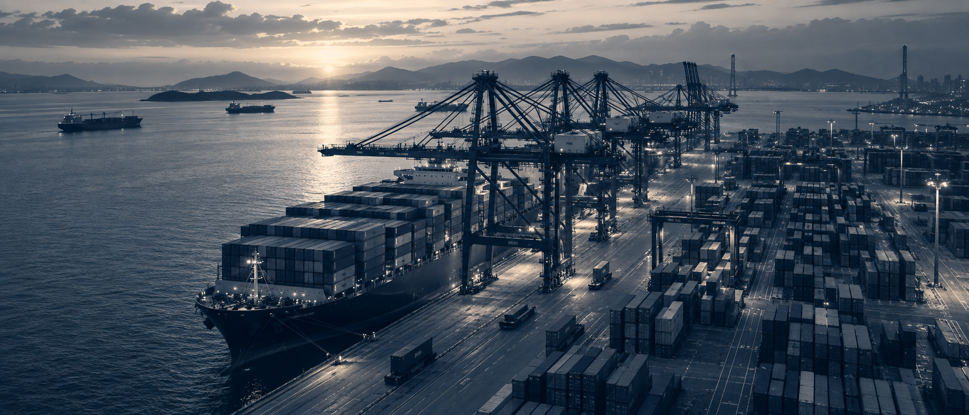 A container port at dusk with cranes working stacked containers