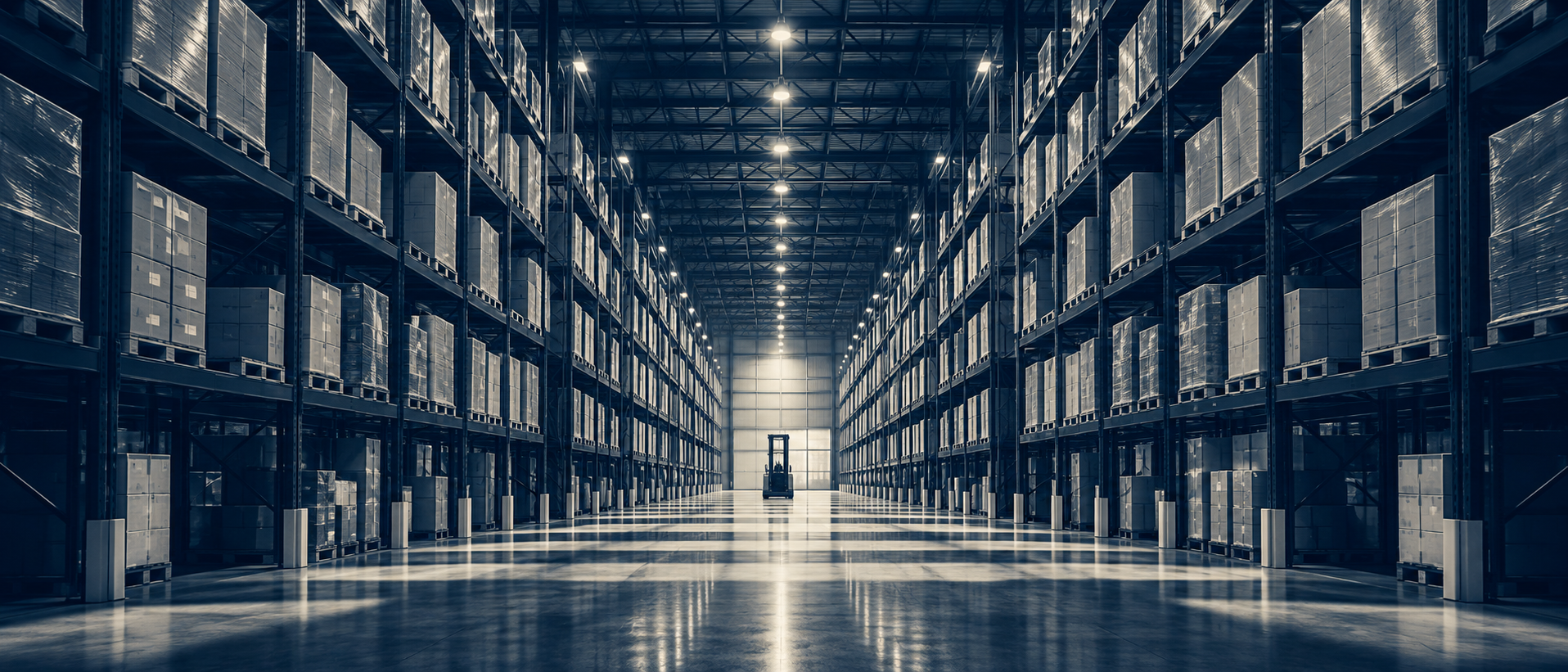 A symmetrical warehouse aisle lined with racked pallets