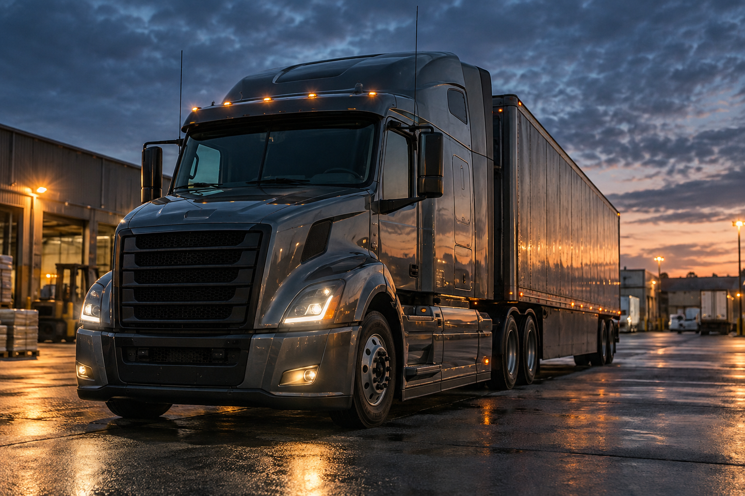 A semi-truck and trailer parked in an industrial yard at twilight
