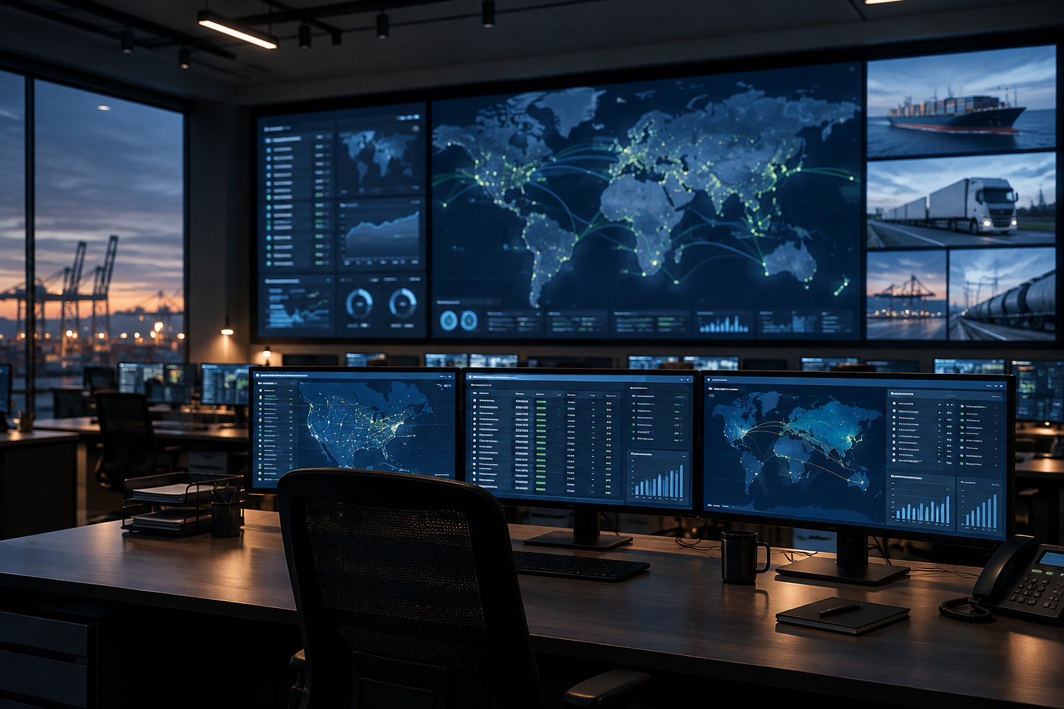 A logistics operations control centre with wall-mounted network dashboards