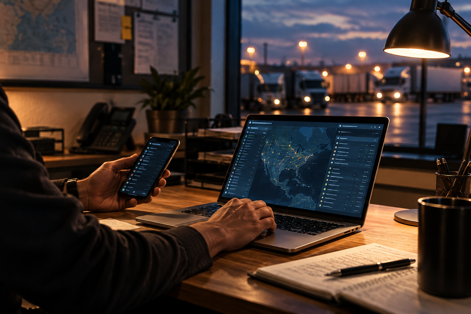 A dispatch workspace overlooking a lit truck yard at dusk