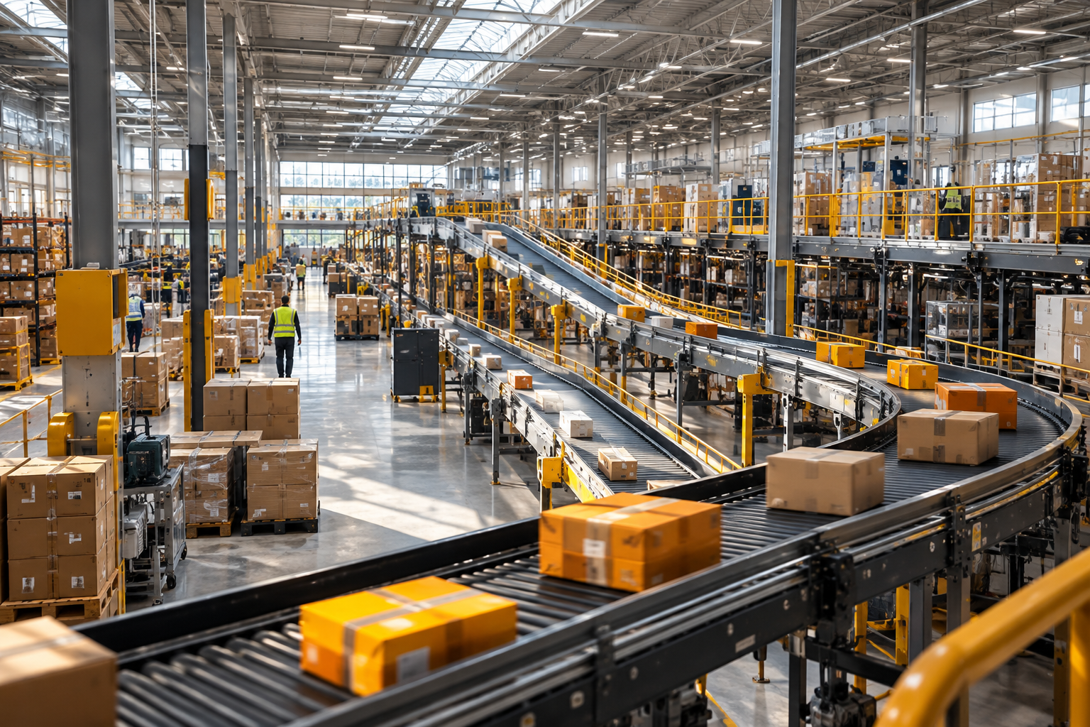 A fulfillment centre with conveyor lines carrying parcels