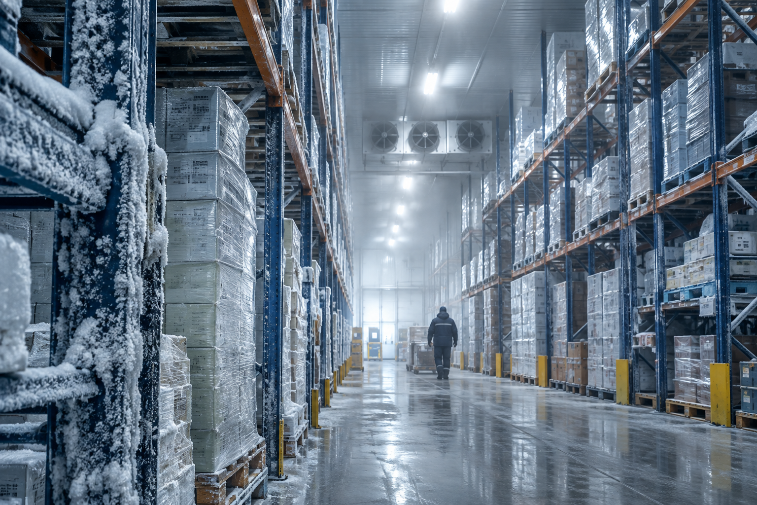 A frozen warehouse aisle with frost-covered racking and cold mist