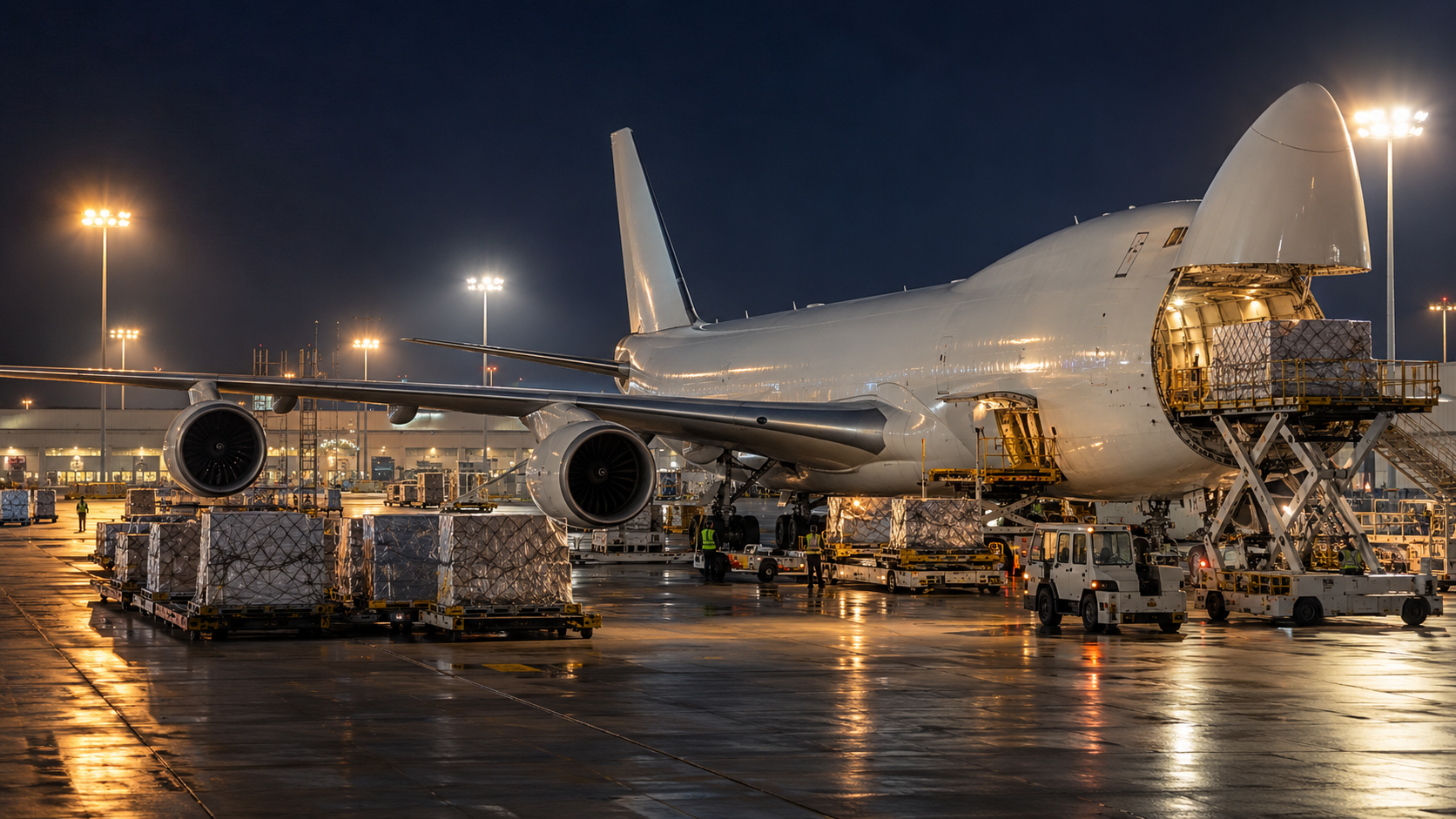 A freighter aircraft loading palletized cargo on a ramp at night