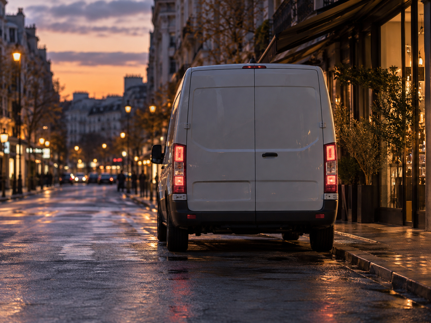 A delivery van on a rain-slicked city street at twilight