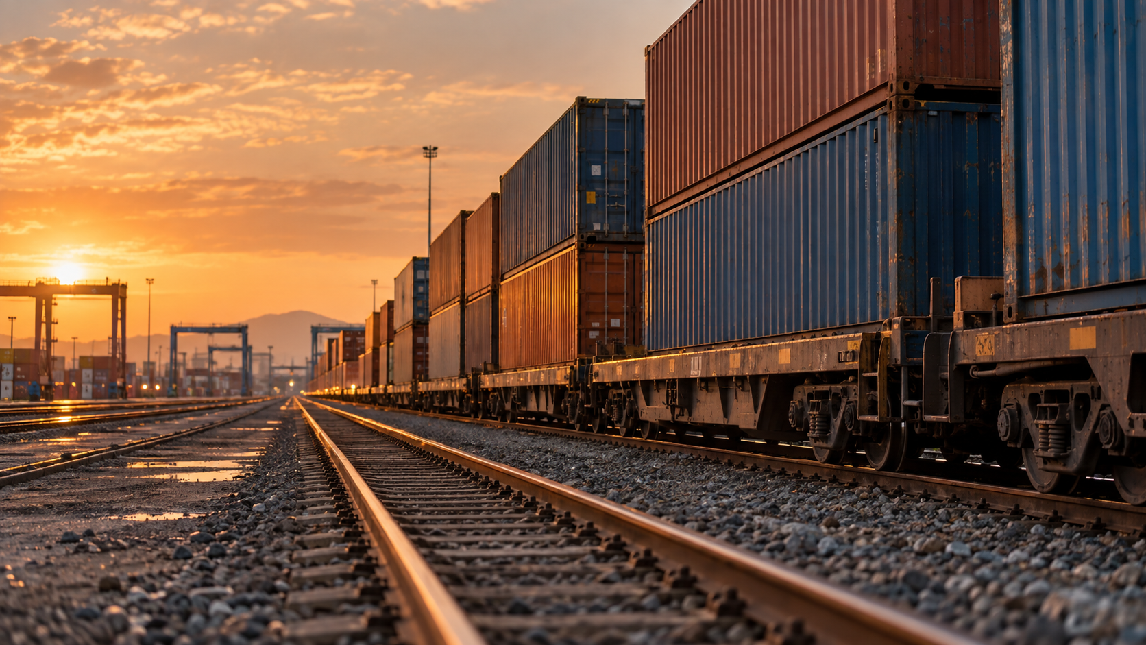 A container train in a freight yard at golden hour