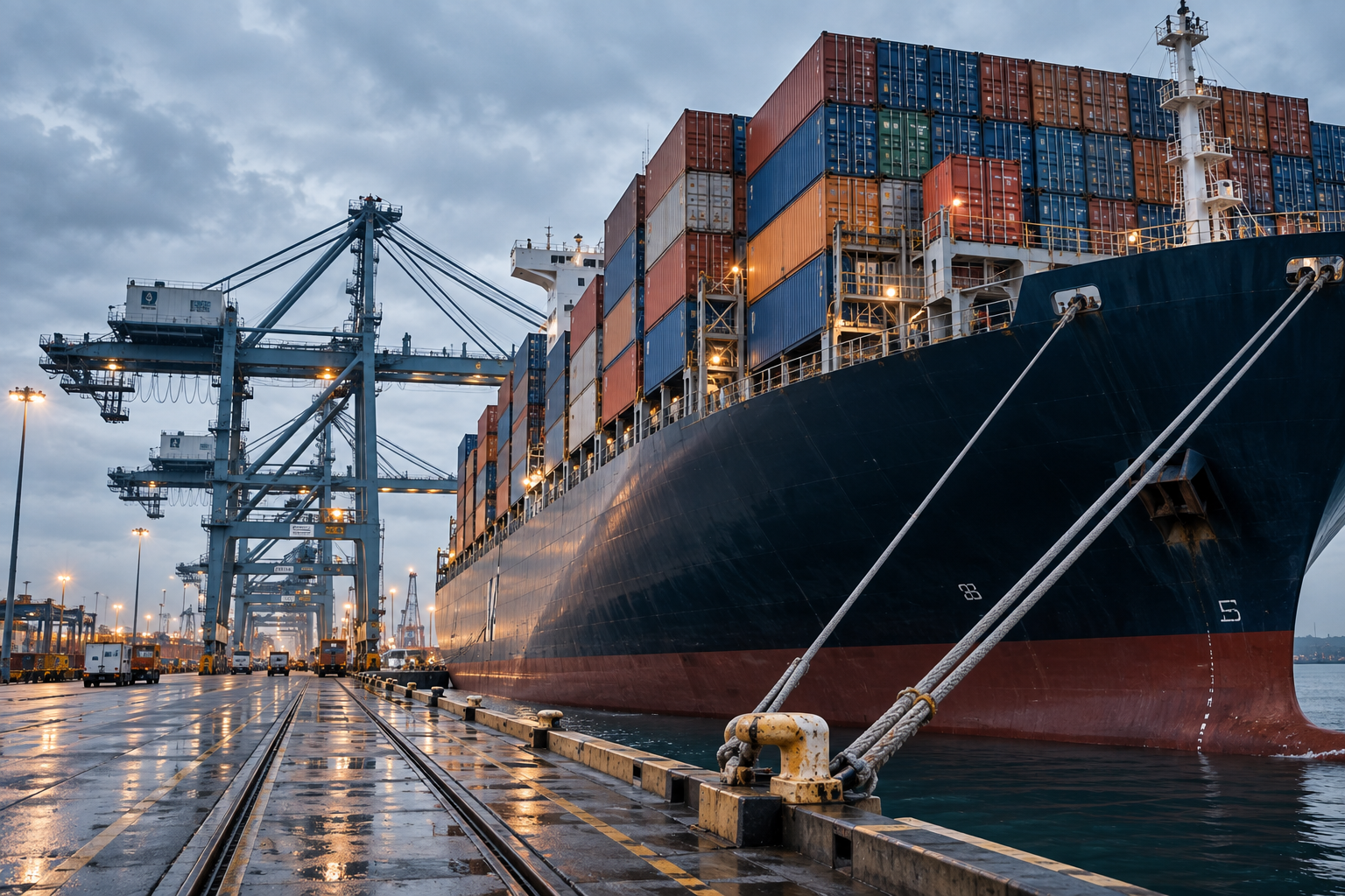 A container ship moored at an industrial port in the rain