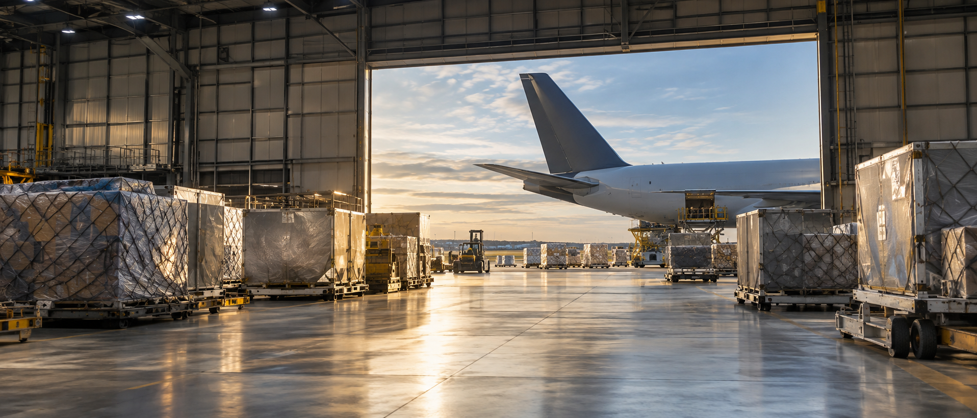 Air cargo pallets inside a hangar with a freighter aircraft at sunset