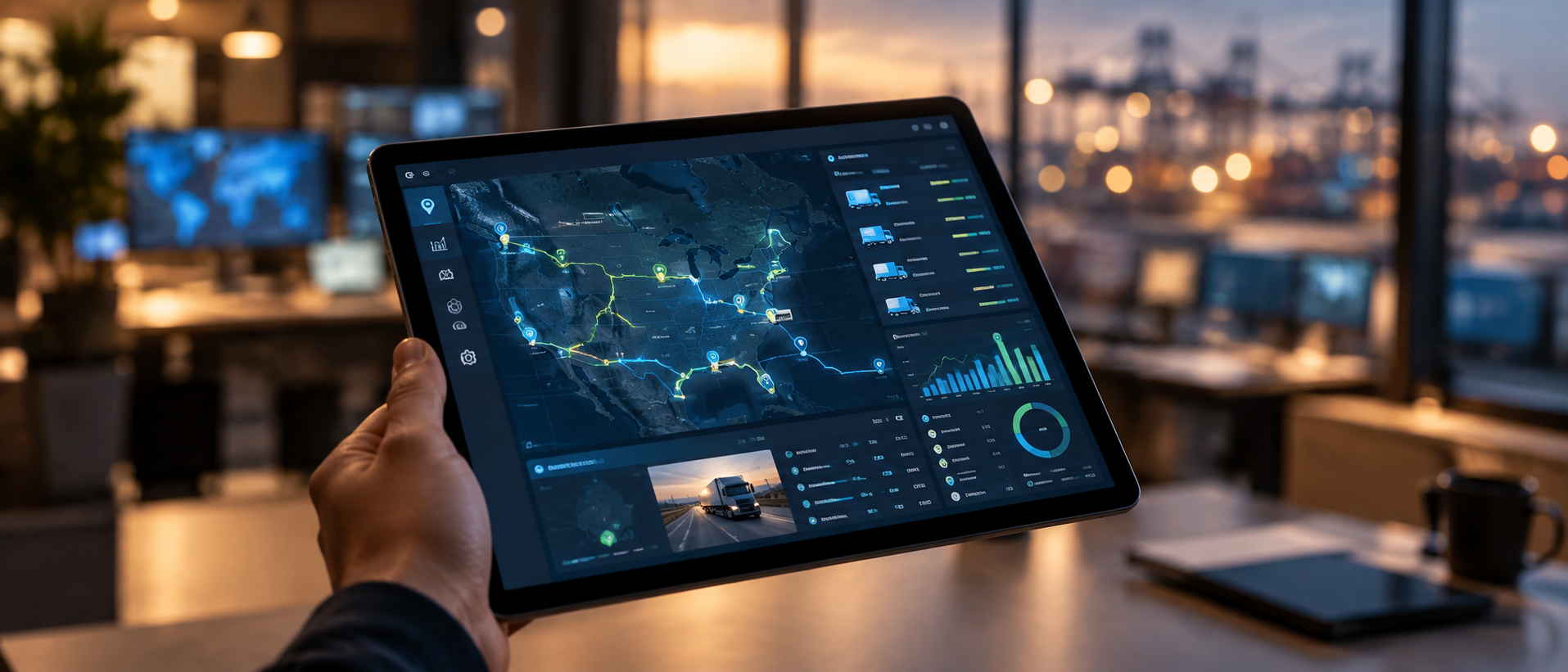 A tablet displaying a logistics network dashboard in an operations office