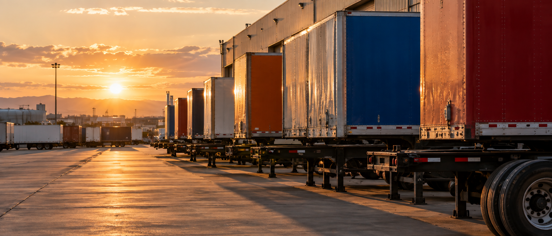 A row of trailers at loading docks at golden hour