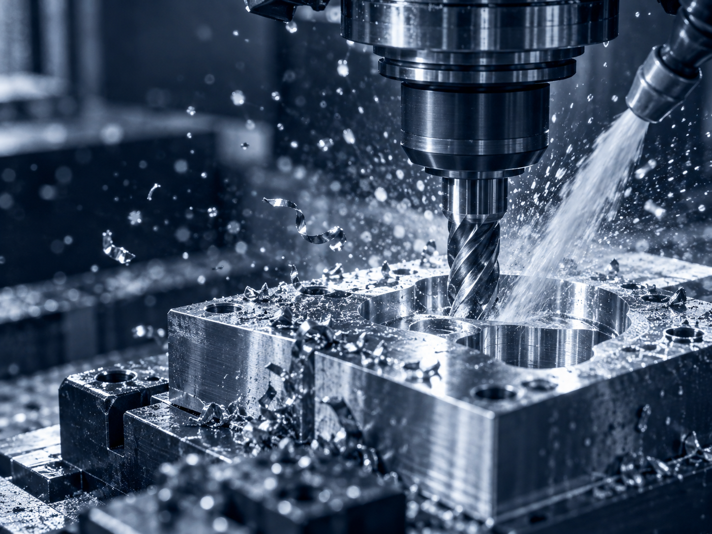 A CNC mill cutting a steel part under a splash of coolant