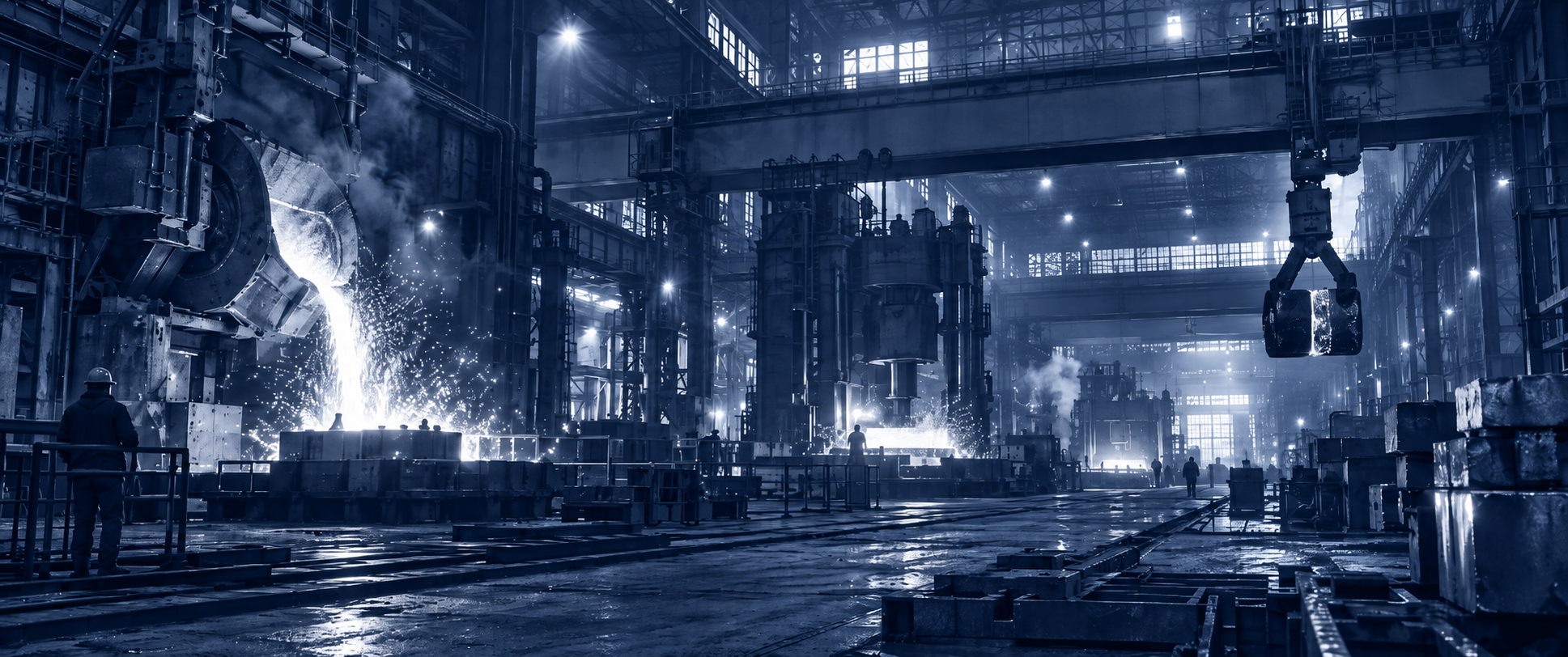 A foundry hall with molten steel being poured under blue light