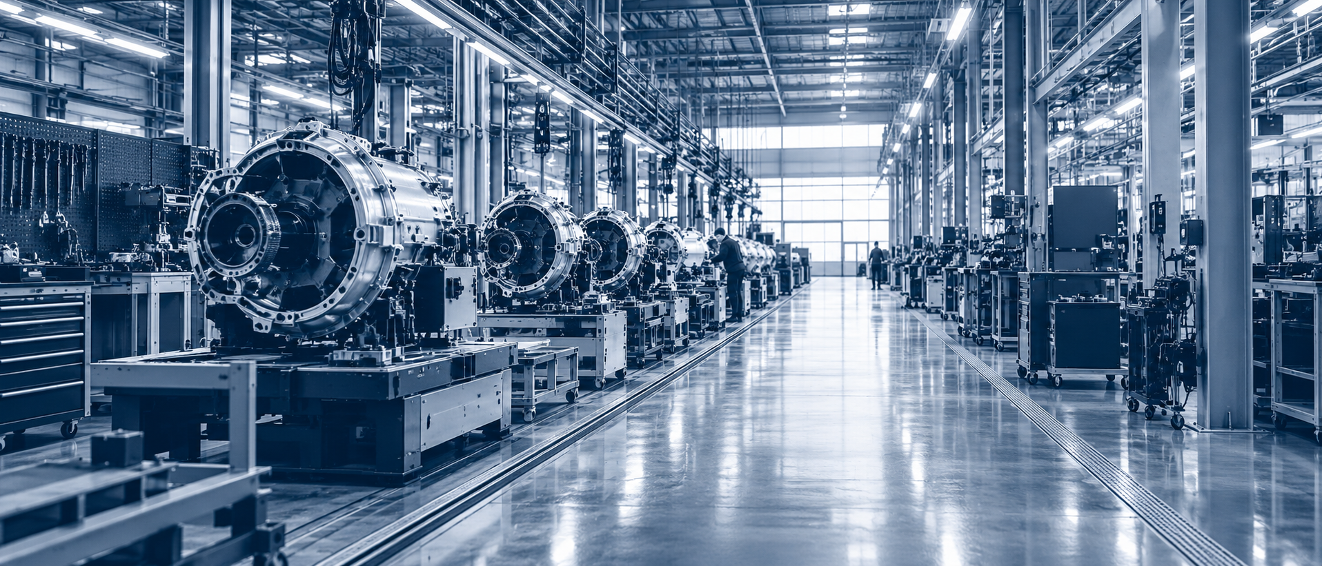 A long assembly line of machined housings in a modern plant