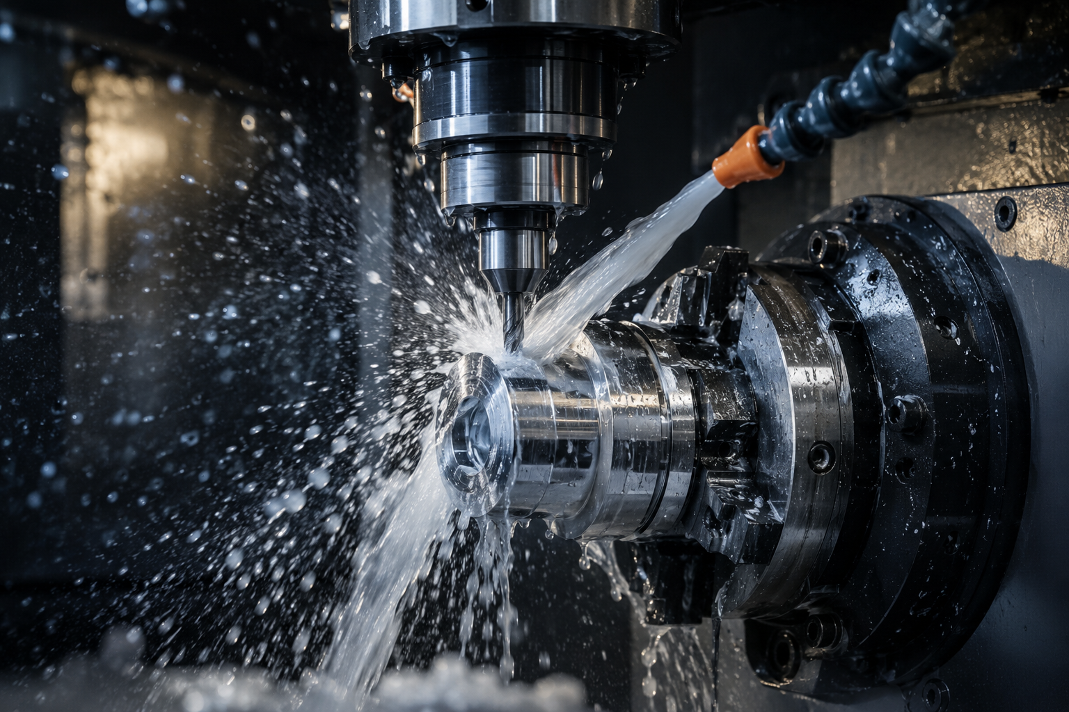 A five-axis CNC mill cutting a steel component under a flood of coolant