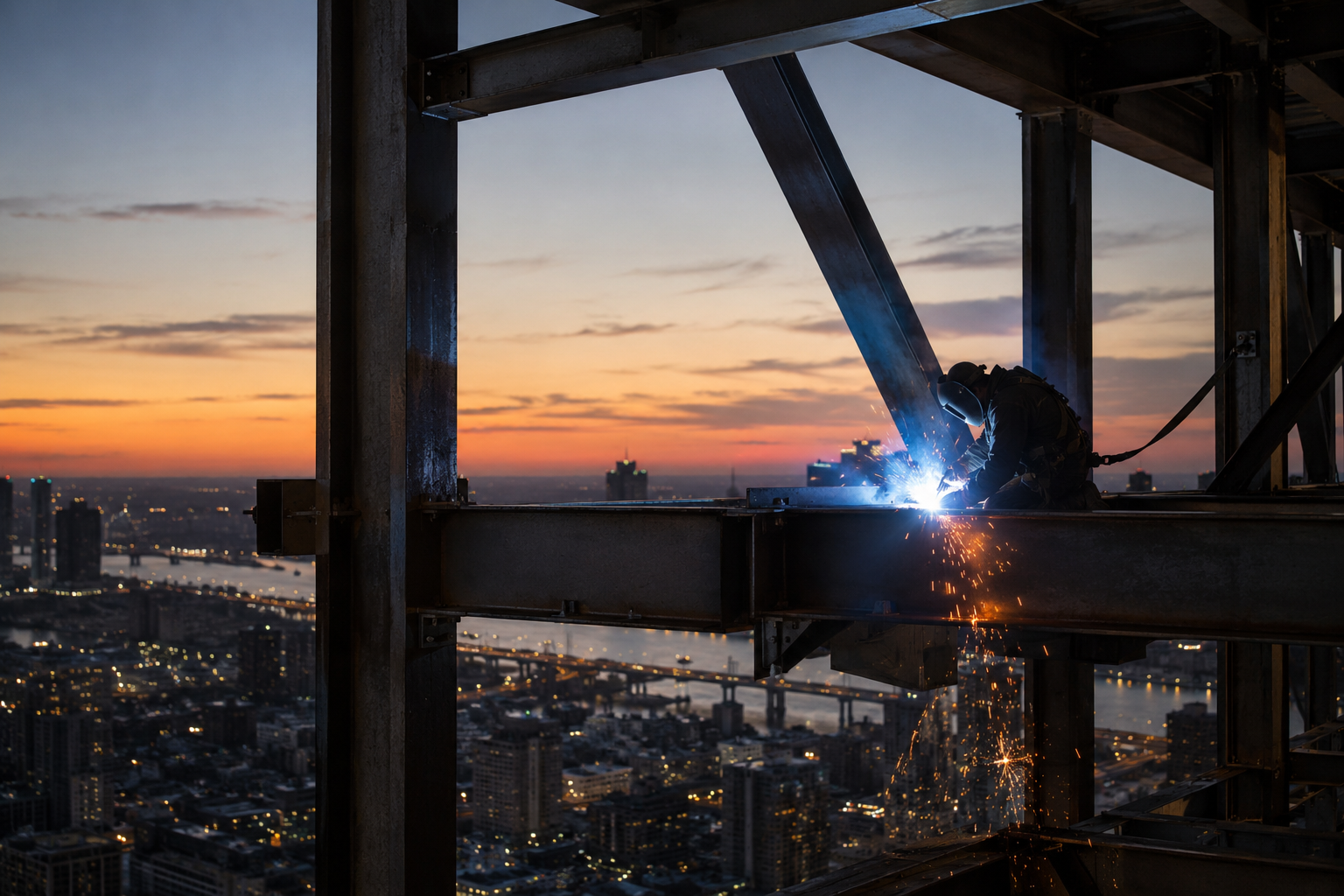 A welder joining structural steel on a high-rise frame at twilight above a city
