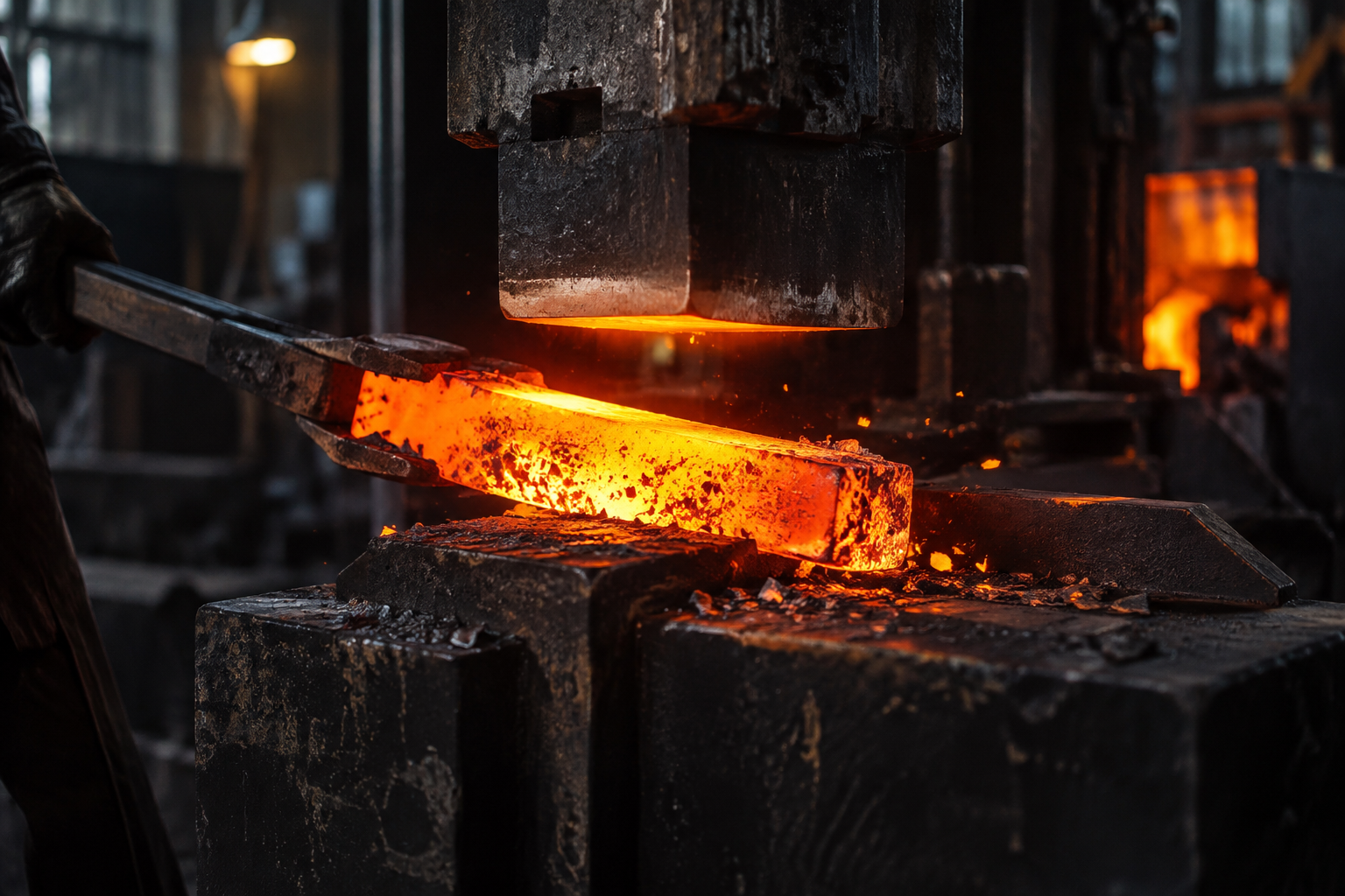 A glowing forged steel billet under a drop hammer in a forge