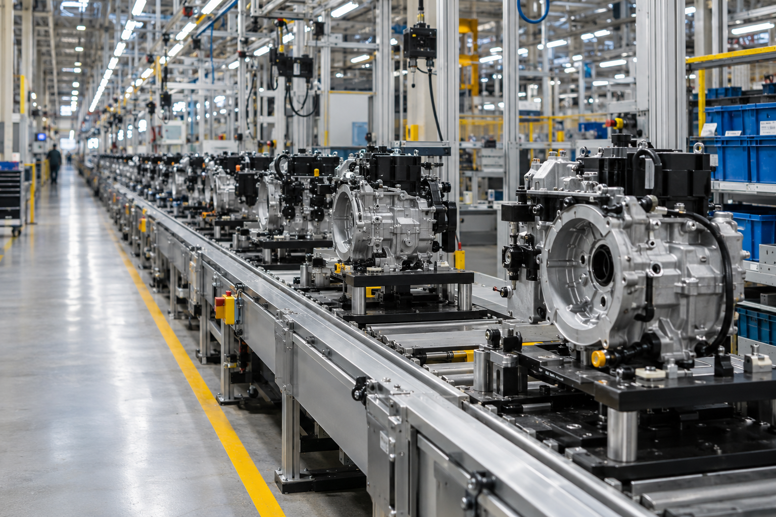 A gearbox assembly line running the length of a modern plant