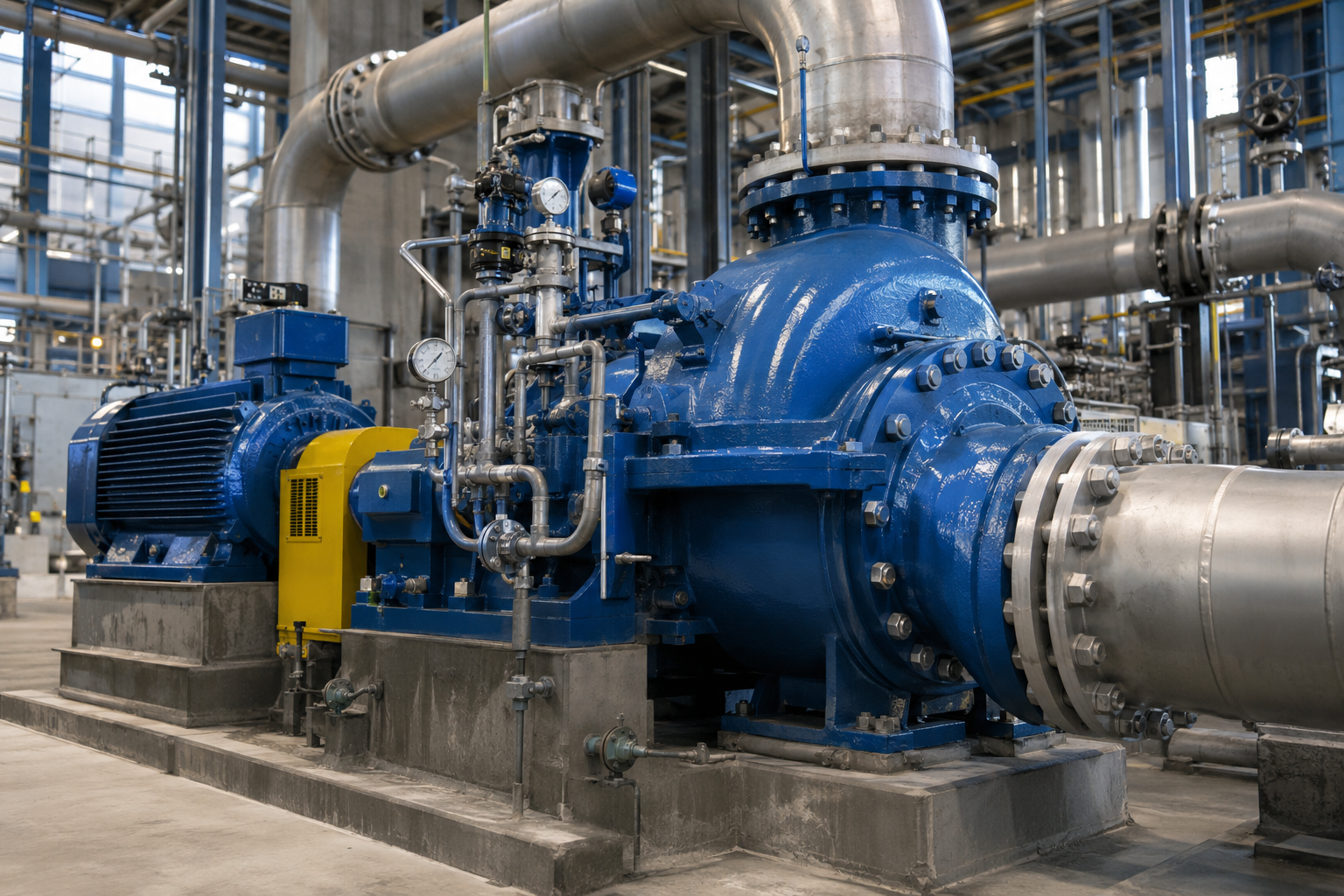 Large blue industrial pumps and process piping in an equipment hall