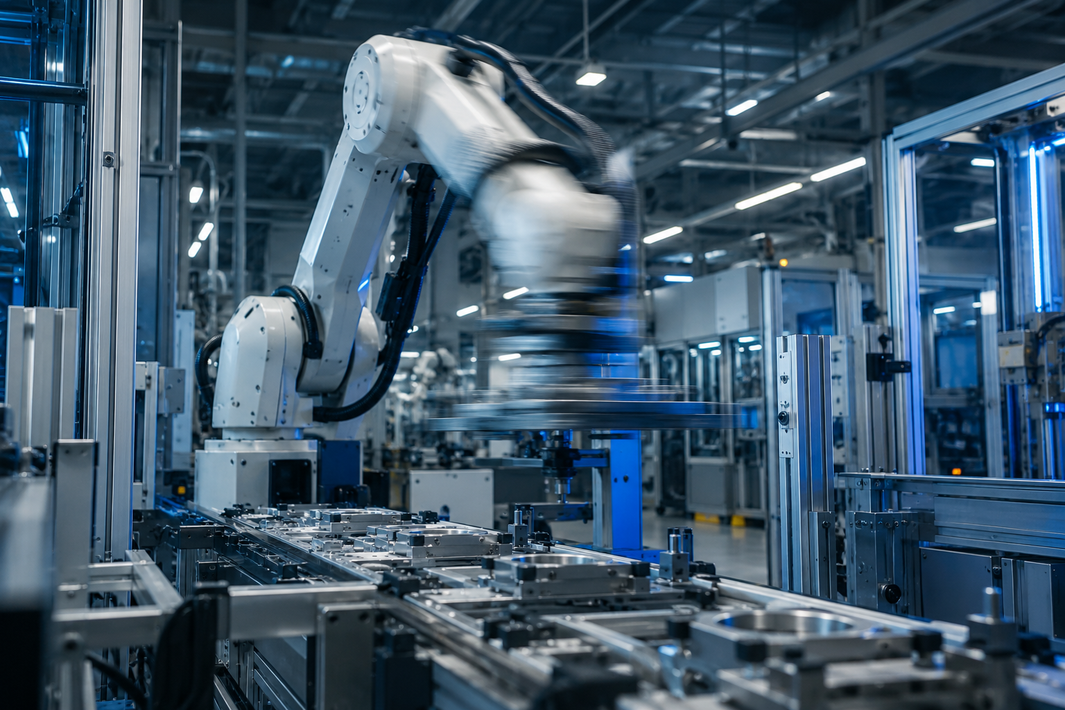 A robotic arm working a precision automation cell on a factory floor