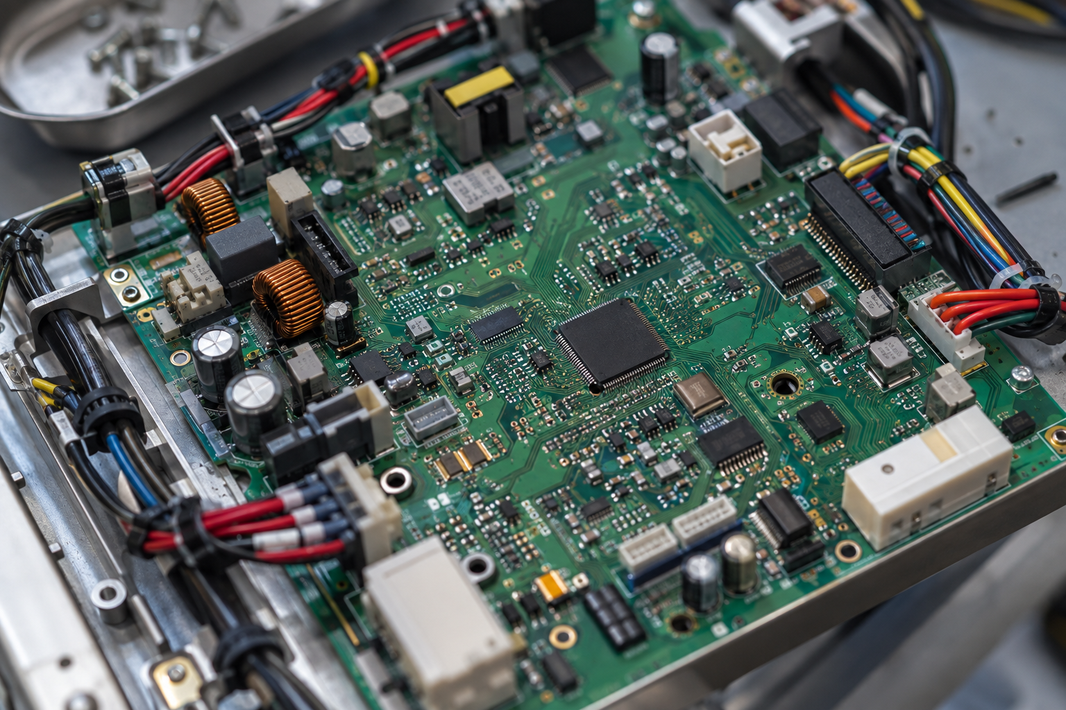 A populated industrial control board being assembled and wired