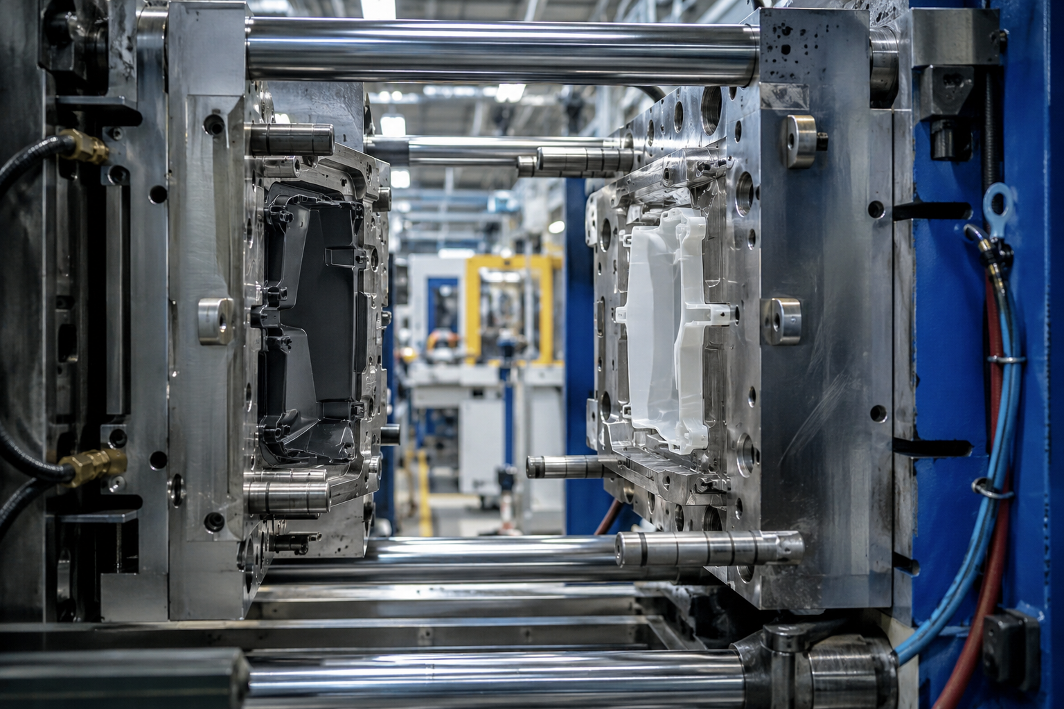 An open injection mold inside a large molding machine