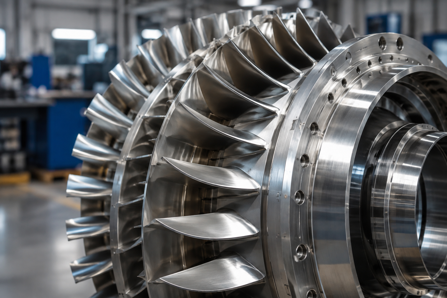 A machined turbine assembly close-up on a clean production floor