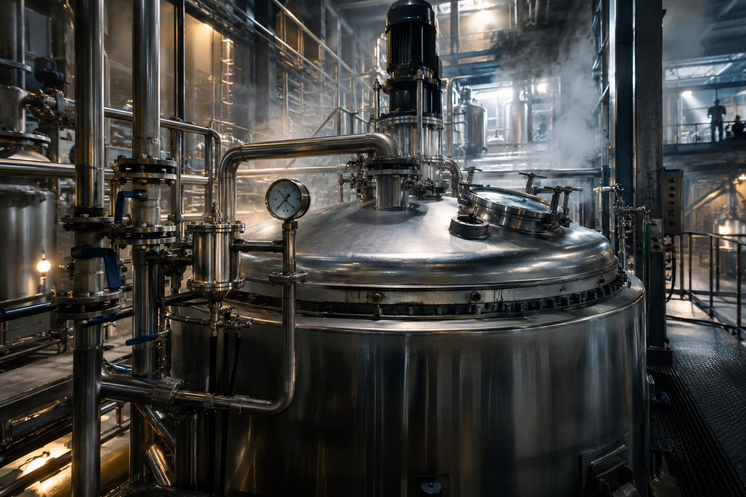 A stainless steel reactor vessel and piping in a processing plant