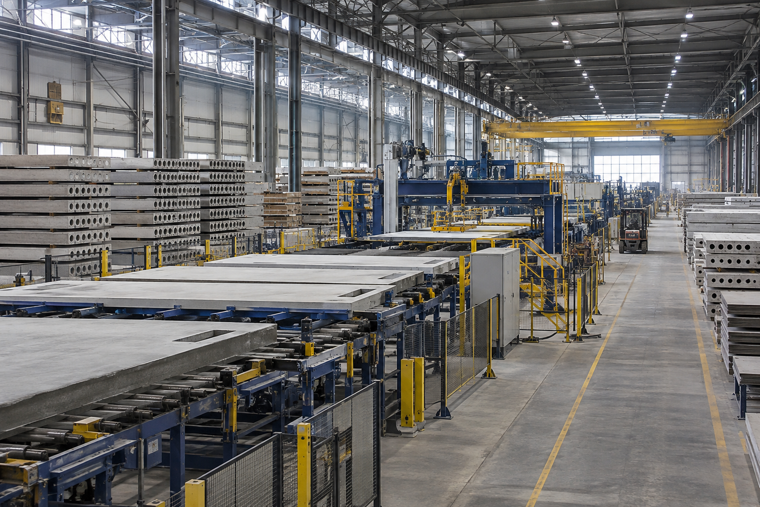 Precast concrete panels on a production line in a building products plant